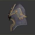Ornate Blue And Golden Decorative Helmet With Wing Patterns And Circular Ornaments