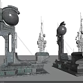 Cartoon Scene Of Two Industrial Towers With Spherical Tops Antennas And Metal Details