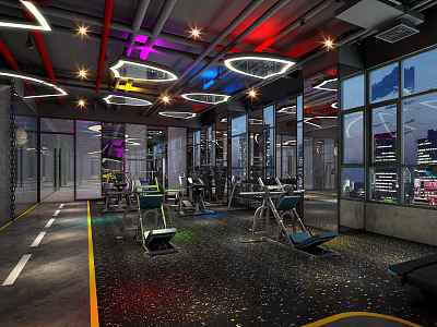 Modern Gym Interior With Colorful Lighting Fitness Equipment And City Night View Windows 3d model
