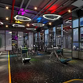 Modern Gym Interior With Colorful Lighting Fitness Equipment And City Night View Windows