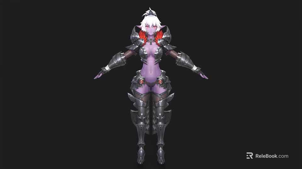 Woman In Silver Armor Standing With Outstretched Arms Purple Body And Red Accents 3d model 