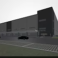 Modern Industrial Factory Building With Metal Structure Large Windows Paved Parking Area And Landscaping