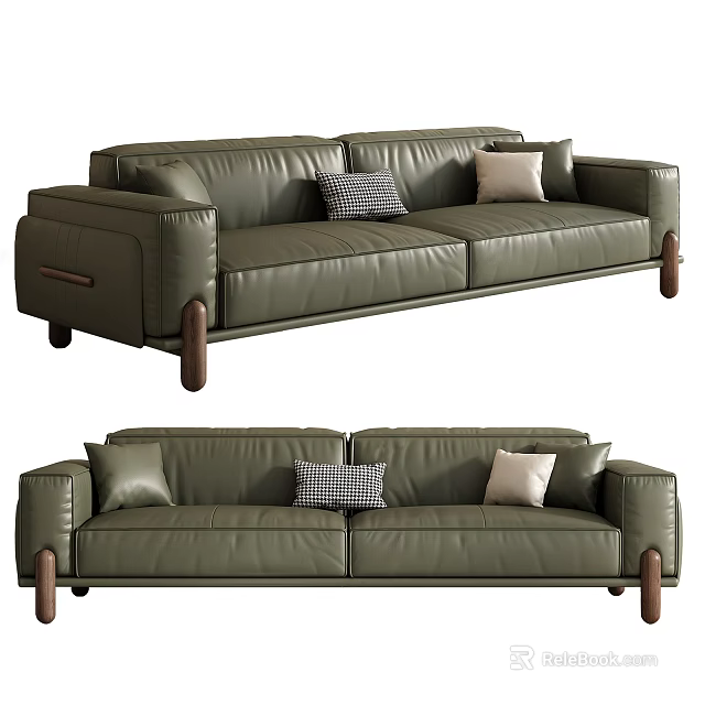 Modern Green Leather Double Sofa With Wooden Legs And Decorative Pillows 3d model 