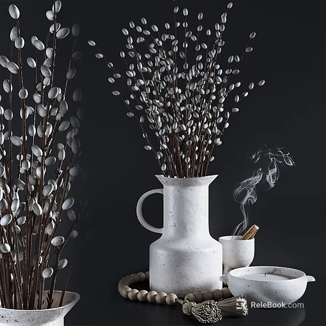 Minimalist White Ceramic Vase With Fresh Pussy Willow Branches On Dark Background 3d model 