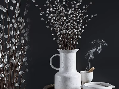 Minimalist White Ceramic Vase With Fresh Pussy Willow Branches On Dark Background 3d model