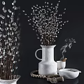 Minimalist White Ceramic Vase With Fresh Pussy Willow Branches On Dark Background