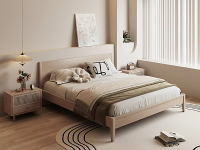 Bedroom Interior With Light Wood Bed Bedside Art Table Lamp Vase Blinds Rug And Books 3d model