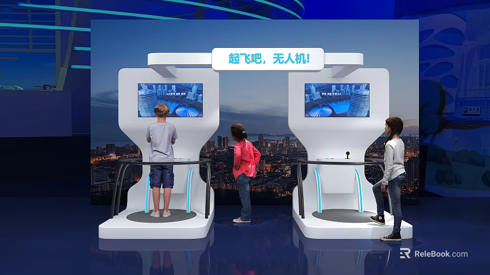 Interactive Drone Experience Stand With Kids Operating Screens And City Background 3d model 