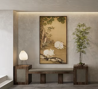 New Chinese Animal Painting Art Hanging Painting Traditional Chinese Painting Rabbit Table Lamp Green Plant Potted Plant 3d model