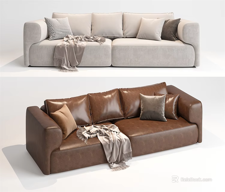 Light Gray Fabric Two Seater Sofa With Pillows Throw Blanket And Brown Leather Design 3d model 