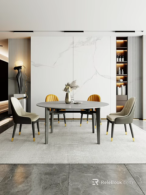 Modern Luxury Dining Table Set With Round Table Grey Yellow Chairs And Marble Wall 3d model