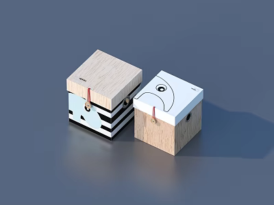 Two Wooden Storage Boxes With Striped And Cartoon Face Designs 3d model