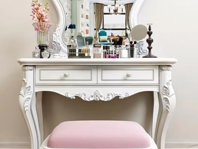 White Carved Dressing Table with Large Mirror Decorations Cosmetics Pink Flowers Vase and Padded Stool 3d model