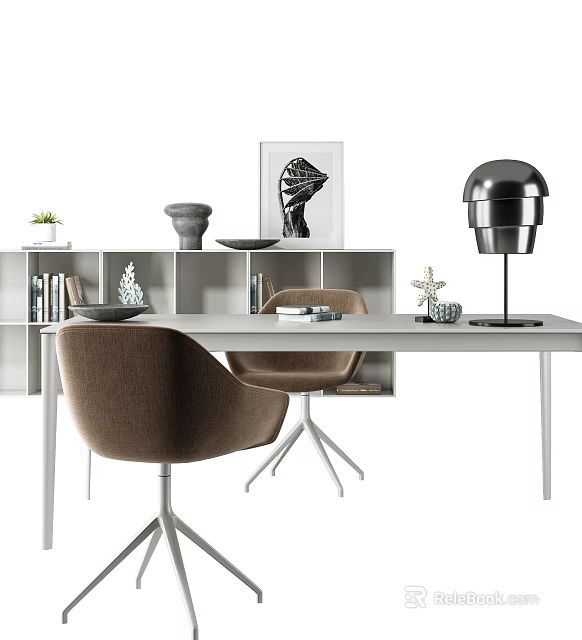 Modern Home Office Desk With Brown Chair Bookshelf And Decorative Items 3d model 