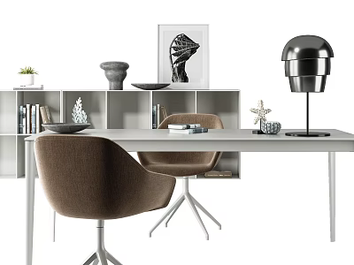 Modern Home Office Desk With Brown Chair Bookshelf And Decorative Items 3d model