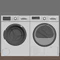 White Modern Washing Machine And Dryer With Round Doors Control Panel On Wooden Floor