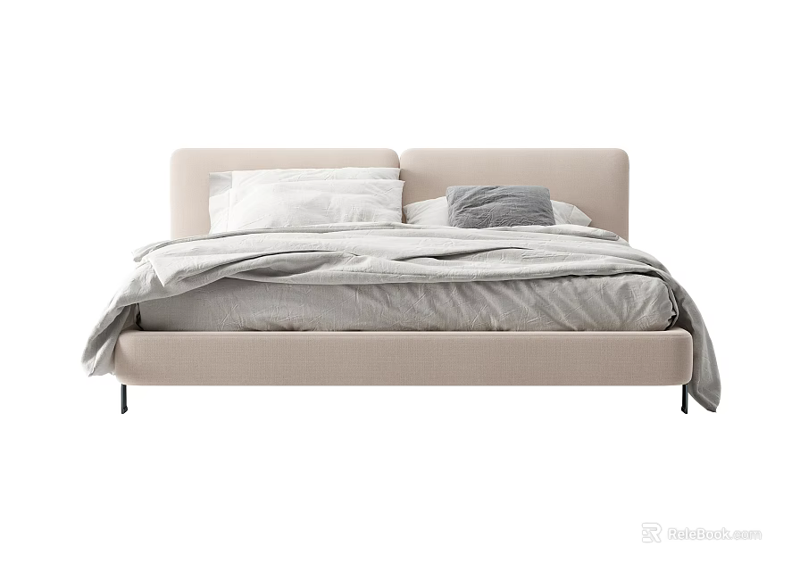 Modern Double Bed With Simple Headboard Light Beige Frame And Soft Grey Bedding 3d model