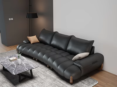 Modern Black Leather Sectional Sofa with Marble Coffee Table Throw Pillows and Floor Lamp 3d model