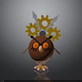 Cartoon Brown Owl Character With Red Eyes Gear And Knife On Head