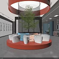 Modern Interior Space With Circular Red Platform White Seats Central Pool And Green Bamboo Plant