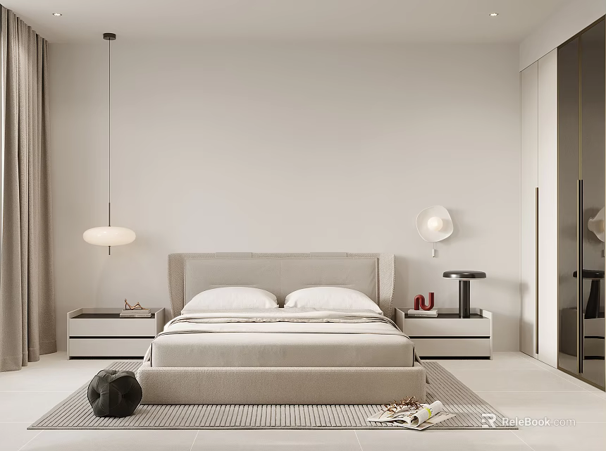 Minimalist Bedroom Interior With Beige Bed Nightstands Pendant Light Wall Lamp Rug And Wardrobe 3d model 