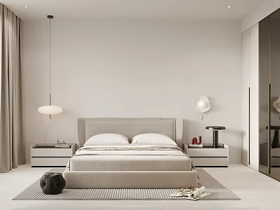 Minimalist Bedroom Interior With Beige Bed Nightstands Pendant Light Wall Lamp Rug And Wardrobe 3d model