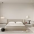 Minimalist Bedroom Interior With Beige Bed Nightstands Pendant Light Wall Lamp Rug And Wardrobe