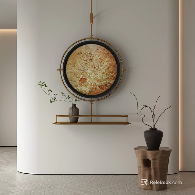 Round Framed Abstract Painting with Gold Metal Stand Vase and Dried Branches on White Wall 3d model 