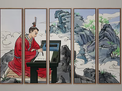 Traditional Chinese Ink Painting of Scholar in Red Robe Writing with Landscape Screen Background 3d model