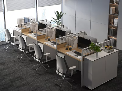 Modern Organized Office Desks With Computer Monitors Potted Plants Ergonomic Chairs In Bright Office Space 3d model
