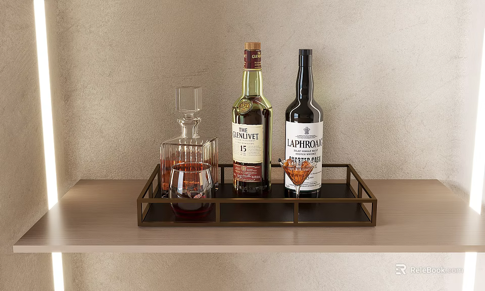 Wooden Storage Shelf with Metal Tray Holding Alcohol Bottles Decanter and Cocktail Glasses 3d model 