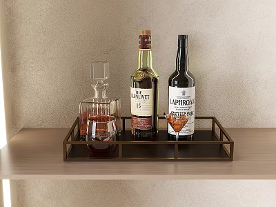 Wooden Storage Shelf with Metal Tray Holding Alcohol Bottles Decanter and Cocktail Glasses 3d model