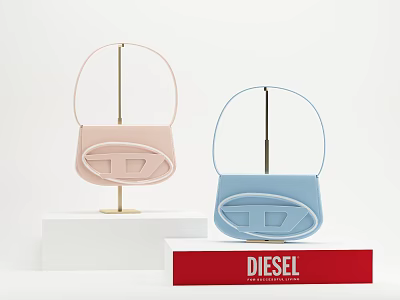 Stylish DIESEL Handheld Bags in Pink and Blue on White Display Stands 3d model Stylish DIESEL Handheld Bags in Pink and Blue on White Display Stands 3d model