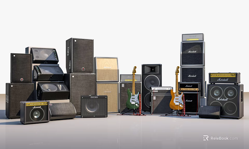 Assorted Musical Instruments Collection With Stacked Speakers And Electric Guitars 3d model 