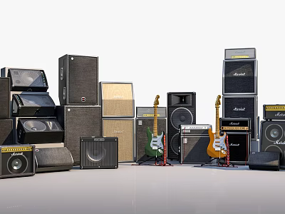 Assorted Musical Instruments Collection With Stacked Speakers And Electric Guitars 3d model