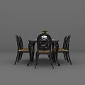 Elegant Black Wood Dining Table Set With 6 Rattan Seats And Green Plant Decor
