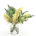 Decorative Ornament Set With Transparent Glass Vase Yellow Pampas And Green Leaves