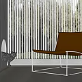 Brown Leather Lounge Chair With Metal Legs White Vertical Blinds And Green Trees