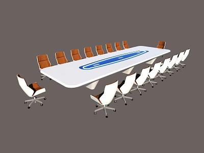 Modern Conference Table With White Surface Blue Central Stripe And Office Chairs With Wheels 3d model