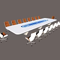 Modern Conference Table With White Surface Blue Central Stripe And Office Chairs With Wheels