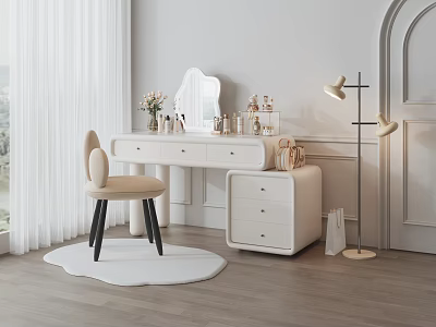 Elegant White Dressing Table With Beige Chair Round Mirror Cosmetics Vase Floor Lamp White Rug 3d model