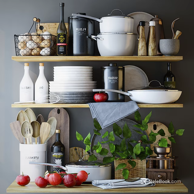 Organized Kitchen Utensils with Stacked Plates Pots and Glass Bottles on Wooden Shelves 3d model 