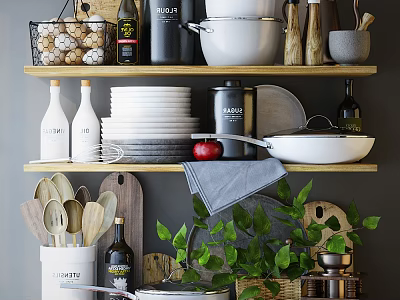 Organized Kitchen Utensils with Stacked Plates Pots and Glass Bottles on Wooden Shelves 3d model