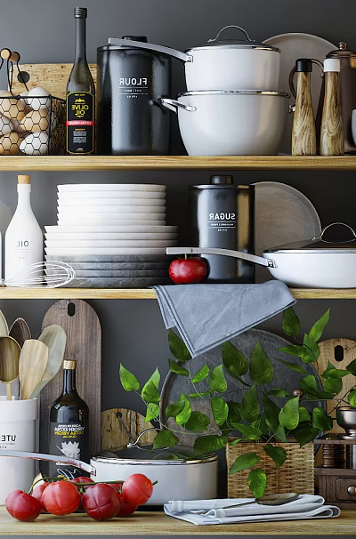Organized Kitchen Utensils with Stacked Plates Pots and Glass Bottles on Wooden Shelves 3d model