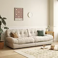 Beige Double Sofa With Brown Green Throw Pillows Wall Art Clock Plant And Side Table