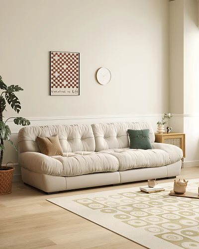 Beige Double Sofa With Brown Green Throw Pillows Wall Art Clock Plant And Side Table 3d model