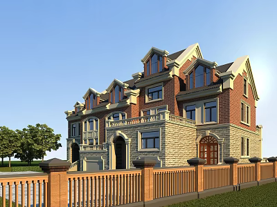 European Style Detached Villa Featuring Red Brick Stone Exterior Gabled Windows And Wooden Fence 3d model