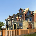 European Style Detached Villa Featuring Red Brick Stone Exterior Gabled Windows And Wooden Fence