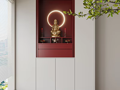 Modern Buddhist Shrine Cabinet With Buddha Statue Red Cabinet Body White Doors And Golden Halo Lighting Indoor 3d model