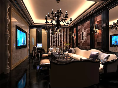 Elegant KTV Interior Design With Chandelier TV Screens Wall Murals And Comfortable Sofa 3d model